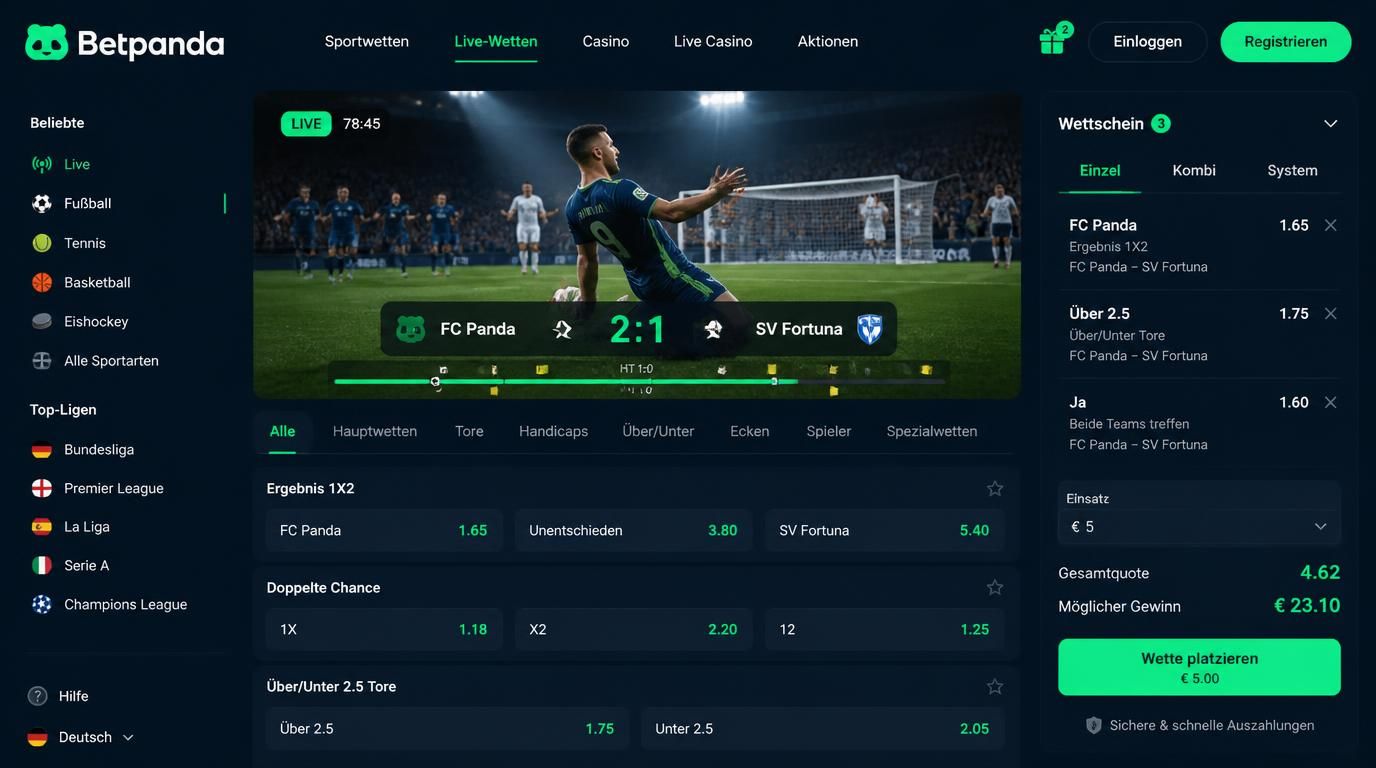  alt: Live-Betting mit kleinen Einsätzen bei BetPanda zeigt ein Fußballspiel, Wettwettschein und wechselnde Quoten 