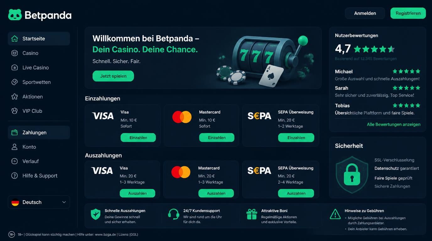 Nutzer schaut auf verschiedene Einzahlungsmethoden und Gebühren bei BetPanda Casino in Deutschland.