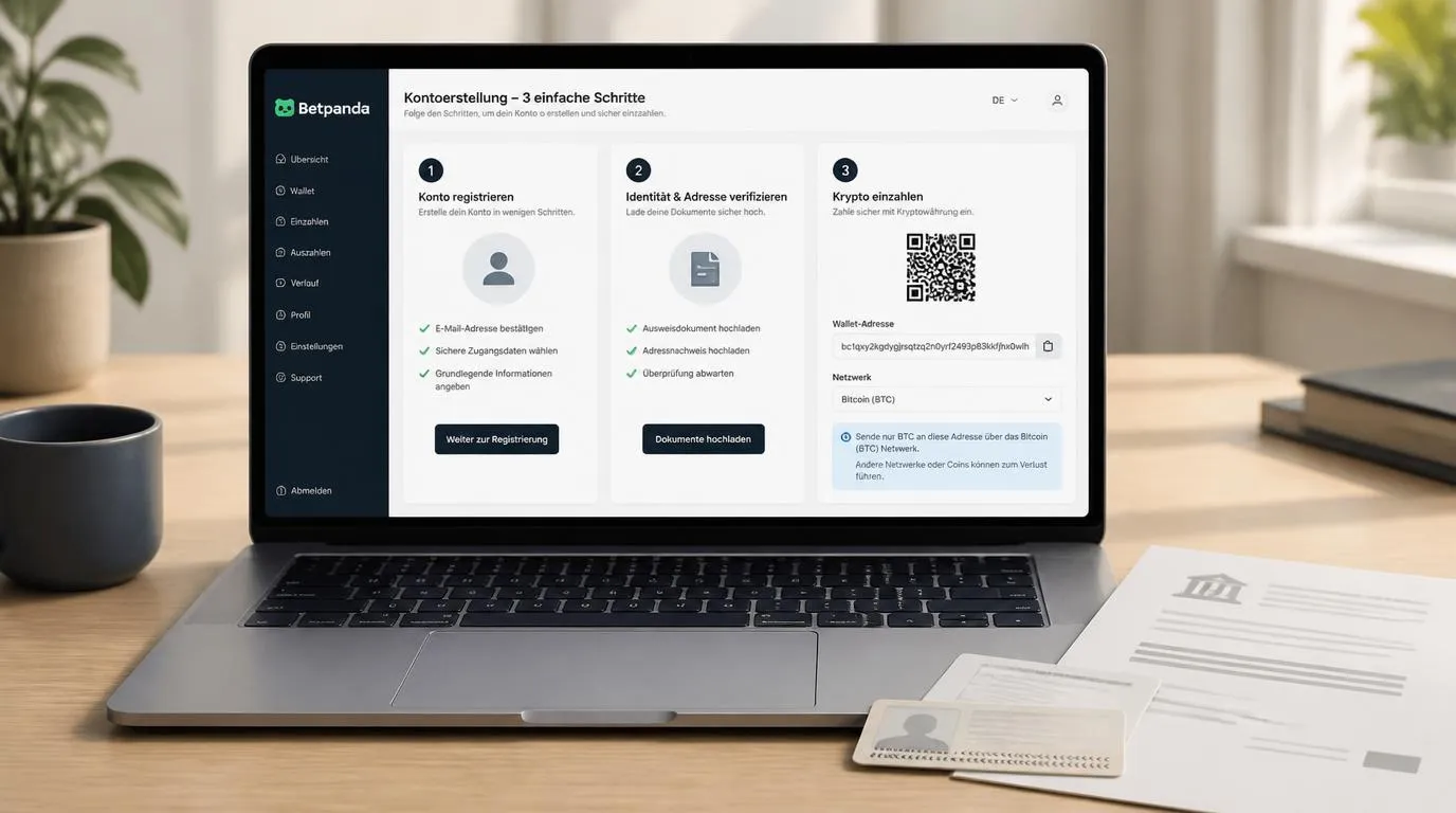 Laptop mit Registrierungsformular, Ausweisprüfung und Krypto-Einzahlung im Kontobereich