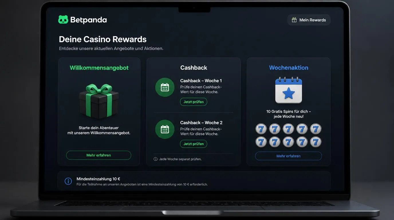 Casino-Aktionsübersicht mit Wochenkalender, Cashback-Symbol und Freispiel-Karte