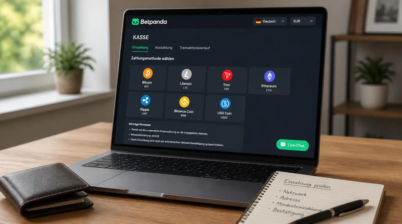 Casino-Kasse mit deutscher Sprache, EUR-Anzeige, Krypto-Zahlungsarten und Live-Chat