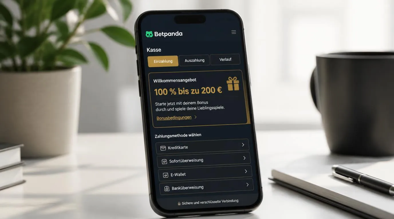 Smartphone mit neutraler Casino-Kasse und sichtbarem Willkommensangebot von 100 % bis zu 200 €